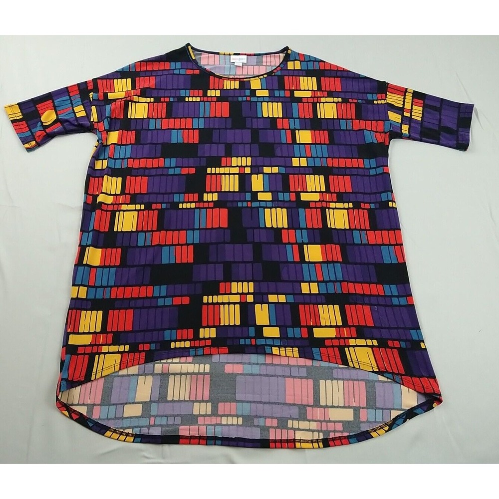 LuLaRoe Top Ladies M Bright Multicolor Hi-Low Hem Short Sleeve Stretch (989)